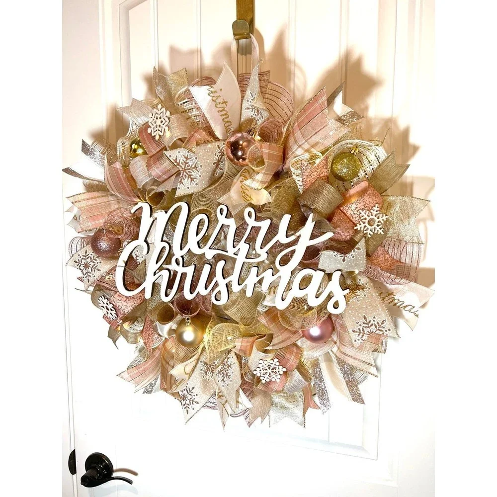 Christmas Snowflake Holiday Ribbon Door Wreath Handmade 22 ins LED W42 Gold Pink